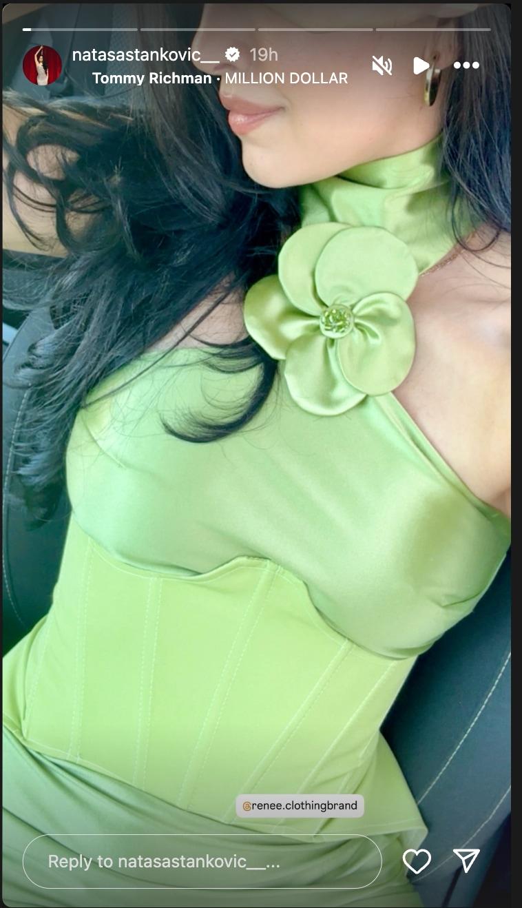 Natasa uploaded an Instagram story in stylish green corset dress.